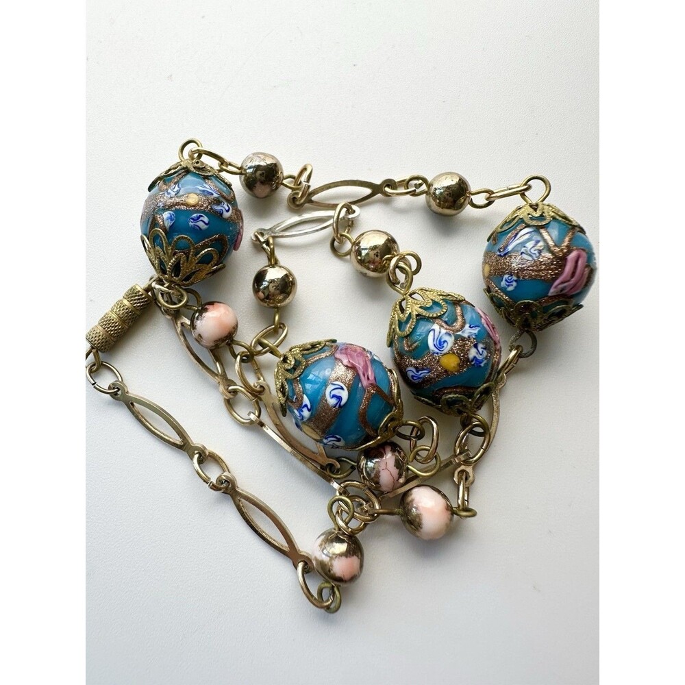 Vintage Murano Wedding Cake Necklace 18” Long Gold Tone